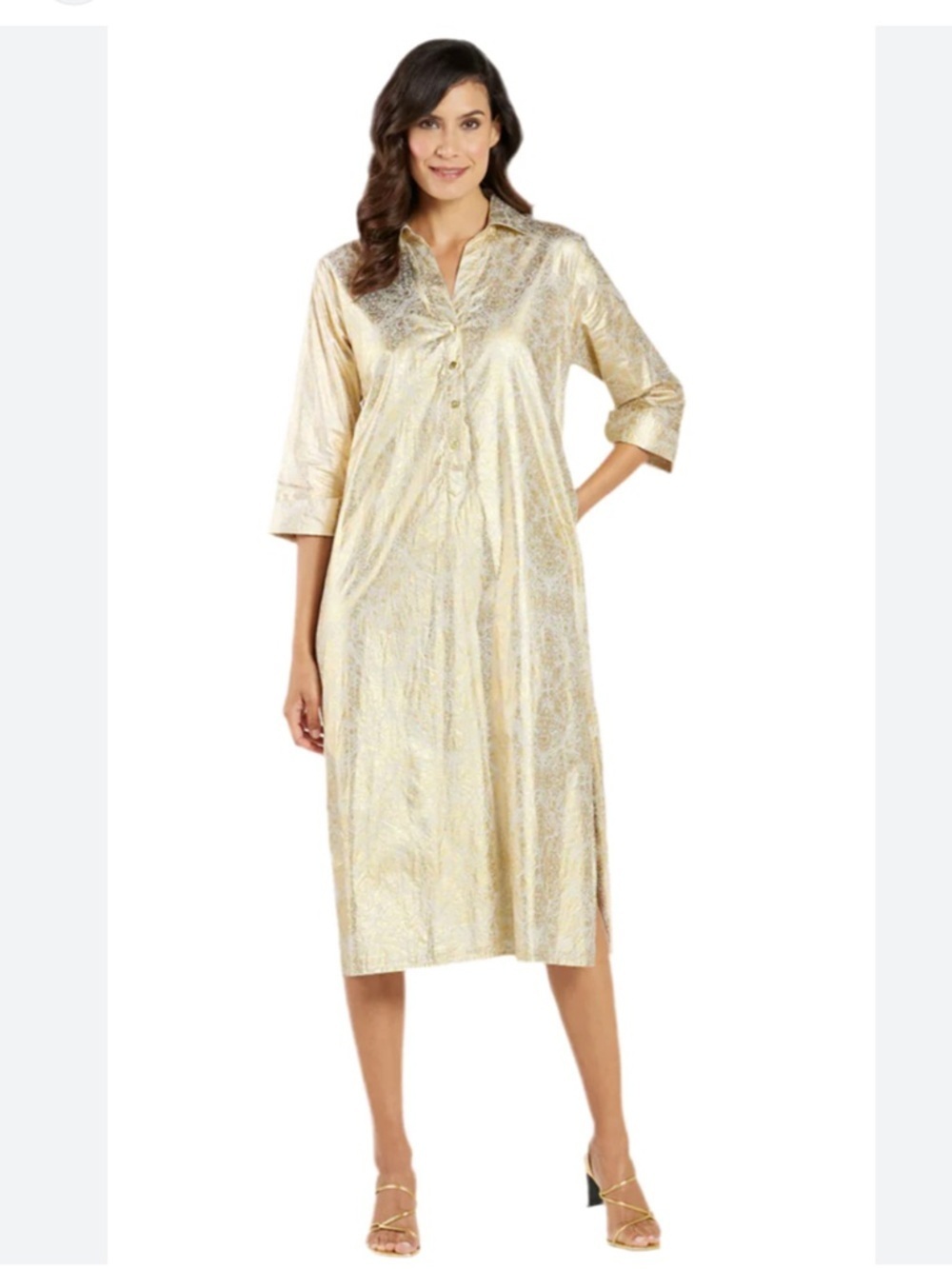 Jude Connally Kallan Cotton Voile Gold Foil Medallion Midi Tunic Dress NWT $228